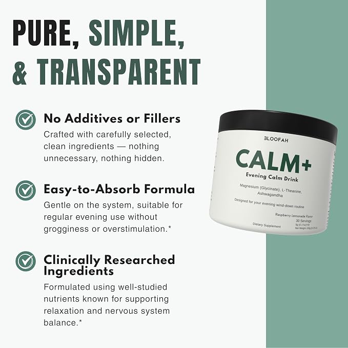 Calm+ Magnesium Glycinate Calm Drink Mix – Relaxation & Sleep Support Powder with L-Theanine & Ashwagandha for Cortisol Balance | Sugar Free | Evening Wind-Down Supplement – 30 Servings