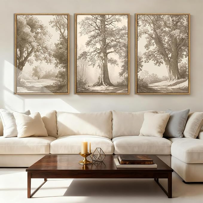 Vintage Tree Canvas Wall Art Framed Rustic Tree Landscape Sketch Antique Painting Neutral Forest Wall Decor 16x24 Inch Farmhouse Botanical Set of 3 for Living Room Bedroom