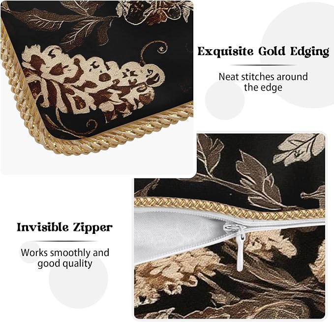 Vintage Black Floral Leaves Velvet Pillow Covers 16x16 Inch Brown Beige Tan Boho Flowers Throw Pillows For Couch Cushion Covers Pillowcase Farmhouse Bohemian Pillow Cases for Sofa Bed Bedroom