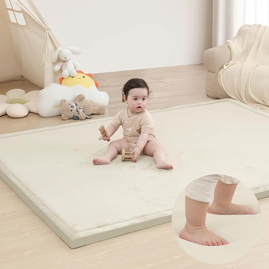 Extra Large 79"x118" Baby Activity Play Mat for Floor, 1.3" Thick Elasti Foam for Tummy Time & Crawling, Non-Slip Nursery Rug for Infants, Toddlers & Kids, Tatami Style Mat for Yoga, Living Room, Classroom & Playroom(Cream)