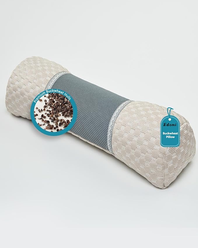 Buckwheat Cervical Pillow for Sleeping, Adjustable Roll Pillow for Neck Relief with Washable Pillowcase, Round Cylinder Bolster for Firm Support, 16x4 inch (Khaki)