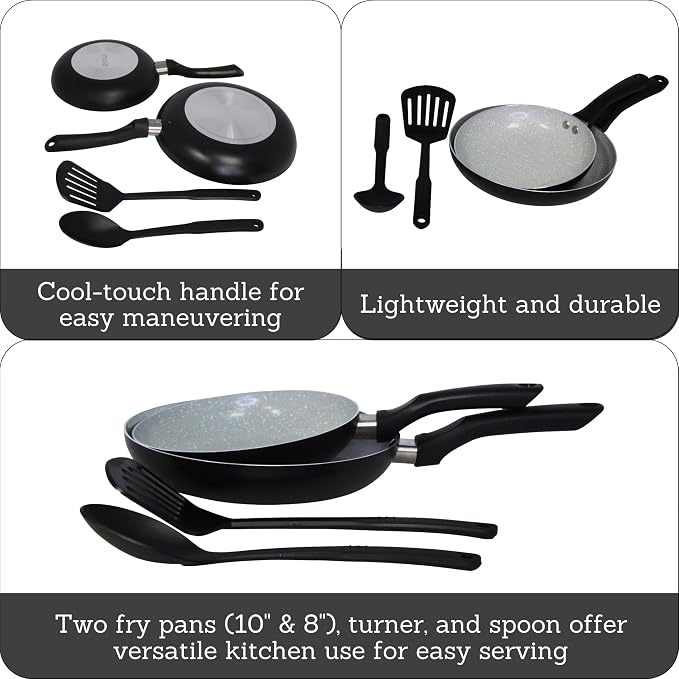 IMUSA Premier Cera Aluminum Gray Ceramic Fry Pan Set & Kitchen Tools | 8 in and 10 in Fry Pans, Stay-Cool Handles, Includes Utensils, Ideal for Kitchen Cooking, Ceramic Nonstick Coating