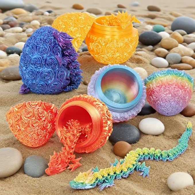 4-PCS 3D Printed Dragon Egg with Dragon Inside, Rose Pattern Desktop Decor, Articulated Dinosaur Fidget Toy – Halloween for Kids