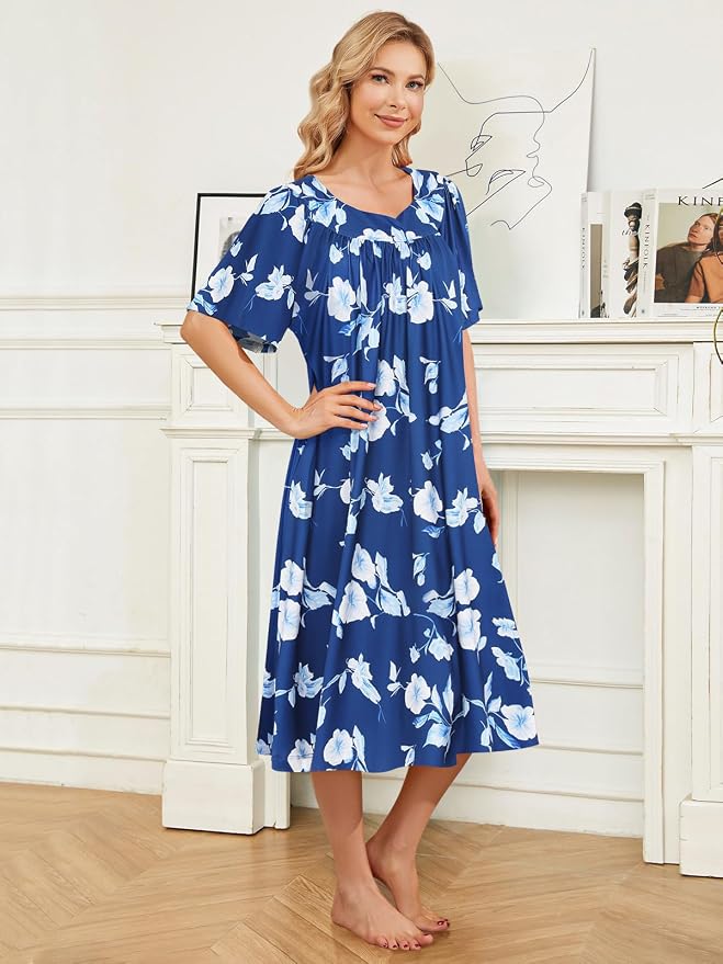 House Dresses for Women with Pockets Moo Moo Nightgown Short Sleeve Mumu Dress Lounge Dress S-3XL