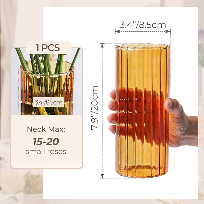 ComSaf Glass Cylinder Vase 8 Inch Tall, Amber Ribbed Decor for Centerpieces | Decorative Flower Vase, Hurricane Floating Candle Holder, Wedding Decor, Reception Table, Home Accent, Housewarming Gift