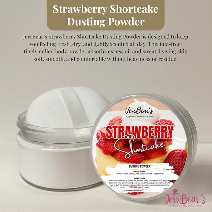 Strawberry Shortcake Dusting Powder for Women 4oz Jar | Talc Free Body Formula, Soft Scented Skin Care, Gentle Powder for Daily Freshness, Includes Puff Application