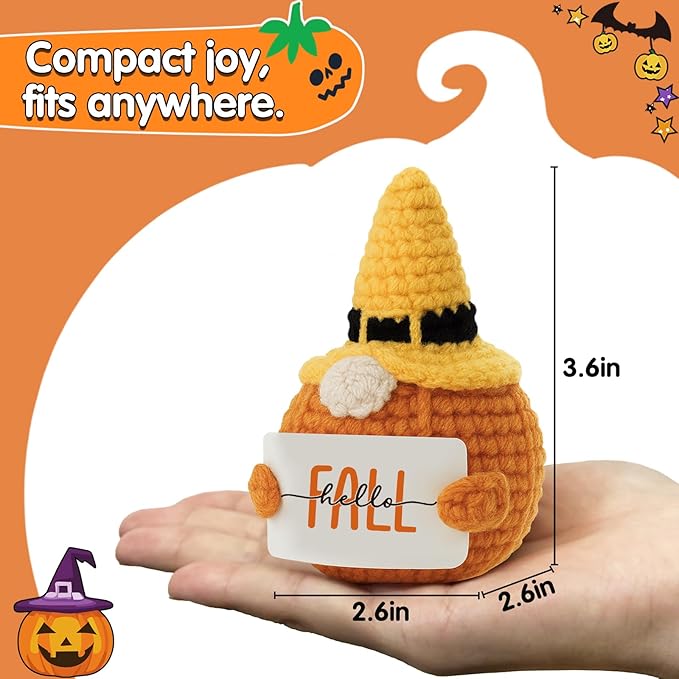 Hello Fall Handmade Halloween Witch Hat Crochet Pumpkin Gnome Plush - Autumn Season Thanksgiving Home Office Harvesting Color Table & Desk Decor Christmas Ornaments