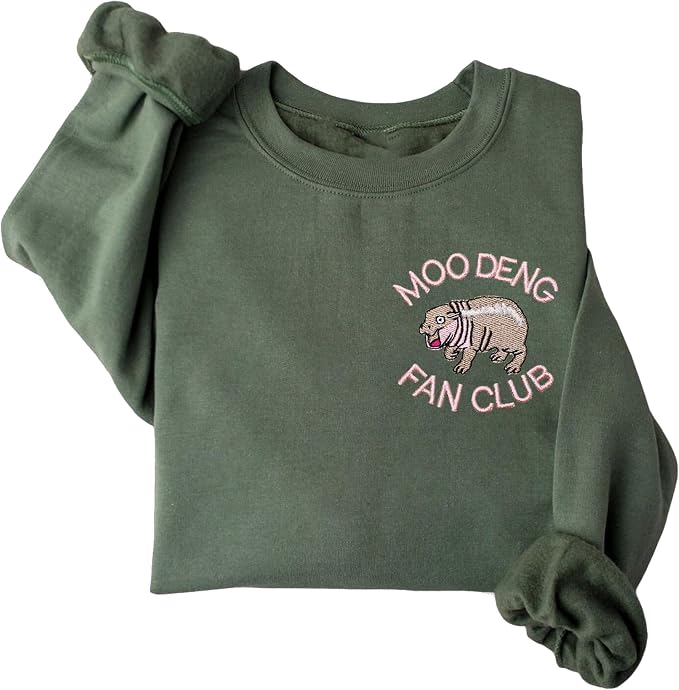 YOUNG GREEN Moo Deng Embroidered Sweatshirt Moo Deng Bouncy Pig Shirt Cute Baby Hippo Sweatshirt Gift For Moo Deng Lovers