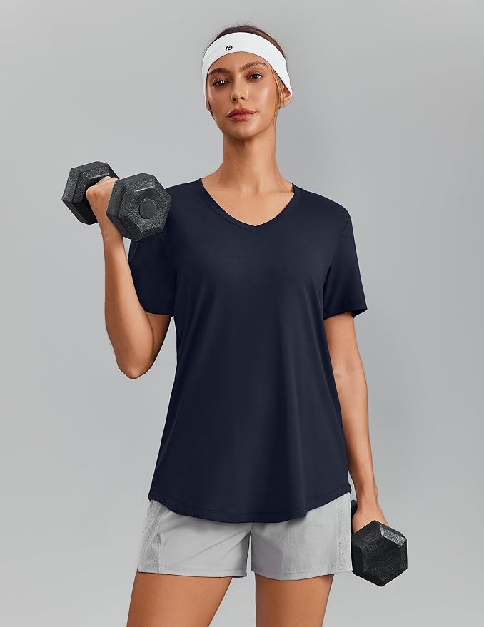 PINSPARK Soft Workout Tops for Women Short Sleeve V Neck Moisture Wicking UPF 50+ Sun Protection Quick Dry Gym Shirts