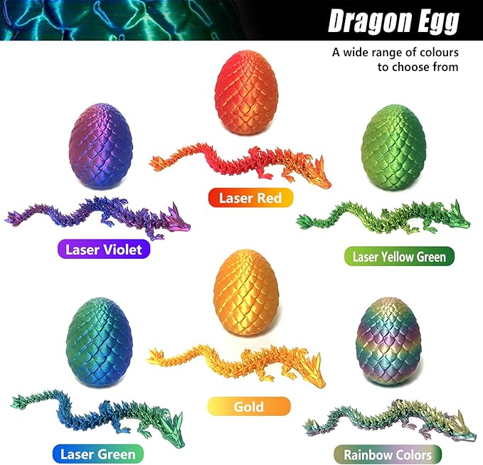 Pigmiss 3D Printed Dragon Egg Crystal Fidget Toy - Full Articulated Mystery Egg with Dragon Inside - Home Office Desk Decor Gifts (Laser Green)