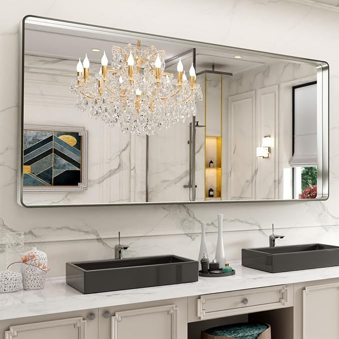 LOAAO 72X36 Inch Brushed Nickel Bathroom Mirror, Rounded Rectangle Silver Metal Frame Mirror, Brushed Nickel, Anti-Rust, Shatter Proof, Hangs Horizontally or Vertically | Rounded Rectangle, Silver Metal Frame, Anti-Rust, Tempered Glass, Hangs Horizonta...