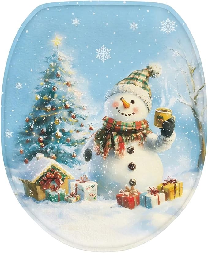 Snowman Toilet Seat Cover Stretchable Elongated Soft Oval Toilet Seat Cover for Merry Christmas -Bathroom Decoration,Portable for Trip