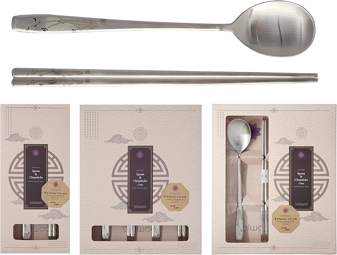 [5 Sets] [Made in Korea] Orchid Design Korean Style Sticky Rice Spoon Chopsticks Set Silverware Set 304 Stainless Steel Cutlery Set Soup Spoon Ramen Chopsticks Flatware (5 Sets)