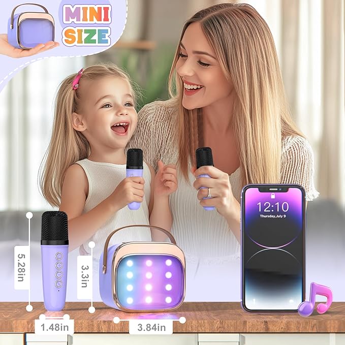 FLUESTON Mini Karaoke Machine for Kids Adults, Portable Bluetooth Speaker with 2 Wireless Microphones, Valentines Gifts for Kids, Toys for Girls Ages 3, 4, 5, 6, 7, 8, 9,10,11 + Years Old