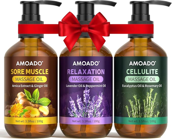 Massage Oil for Massage Therapy, Arnica & Ginger Oil, Lavender & Mint Oil, Eucalyptus & Rosemary Essential Oils, Sore Muscle Relief, Anti Cellulite, Relaxation, Body Massage Oils Spa Gift Set, 10.5oz