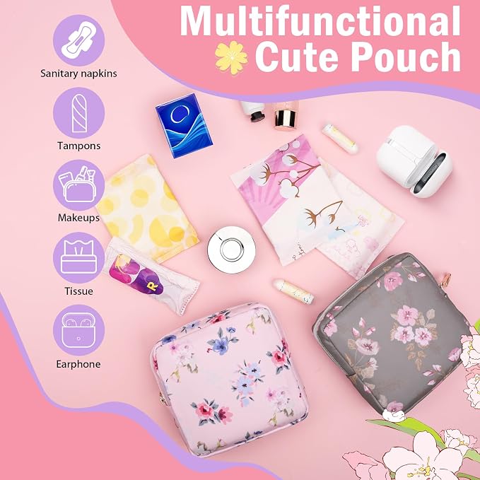 Canvas Period Pouch Discreet Sanitary Napkin Storage Bag Pad Bags | Menstrual Cup & Pad Holder, First Period Kit Storage, Feminine Bag for Women, Portable, Flower Print