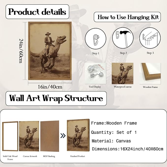 Vintage Dinosaur Cowboy Wall Art Funny Western Jurassic Park Wall Decor Painting, Retro Cowboy Riding Dinosaur Poster Canvas Print Picture for Living Room Bedroom 16x24 inch Wood Framed