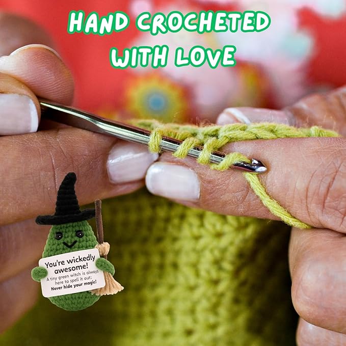 M.O.Q. Mini Funny Green Witch Birthday Crochet Ideas Gifts for Women Her Him Ages 14+, Small Cute Stuff Things, Handmade Emotional Positive Crochet Witch Decor