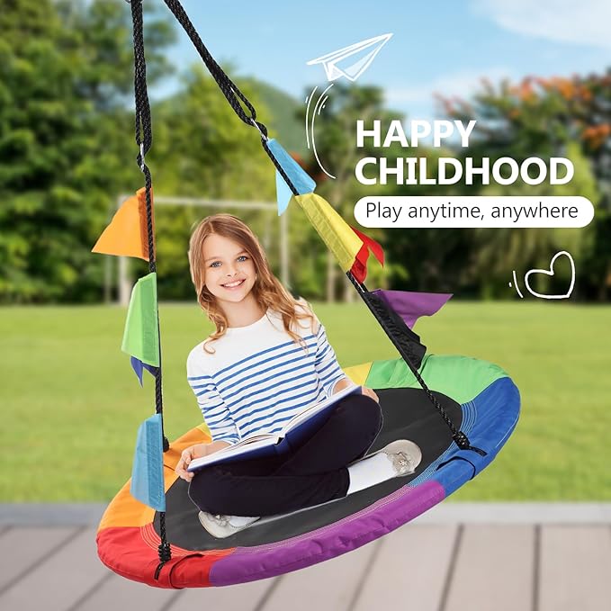 40 Inch Saucer Tree Swing for Kids, Outdoor Round Swing with Hanging Straps & Adjustable Ropes, Easy Assembly