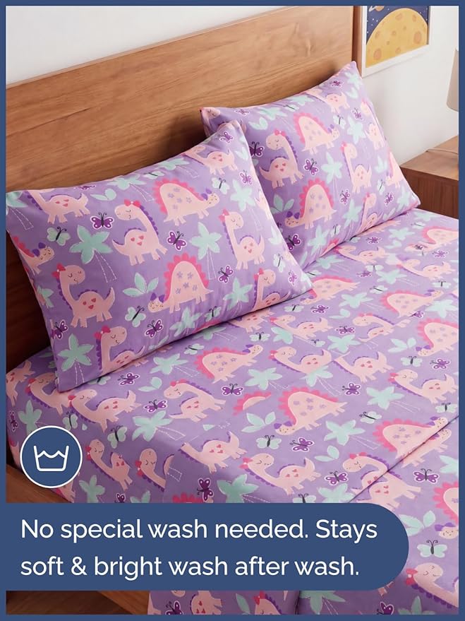 CGK Unlimited Kids Pink Dinos Queen 4 Piece Sheet Set - Boys, Girls, Teens, Toddler - Easy Fit Deep Pockets - Soft, Cooling & Breathable Sheets - Cute, Cozy, Fade and Wrinkle Free - Machine Washable