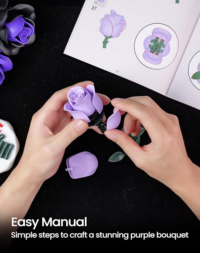iATOM Purple Rose Bouquet Building Set, Compatible with Lego Flowers for Adults - Halloween Botanical Collection - Gothic Artificial Flowers Home Decor - IA11004