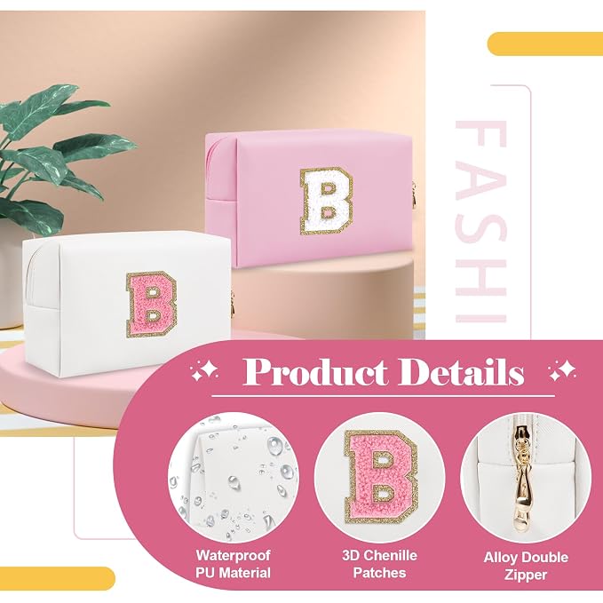 Personalized Makeup Bag Initial A-Z Preppy Patch Bag,Small PU Leather Travel Cosmetic Bag Pouch with Zipper,White Cute Toiletry Bag,Gift Ideal for Teen Girls Women Birthday Friend Mom,Letter B