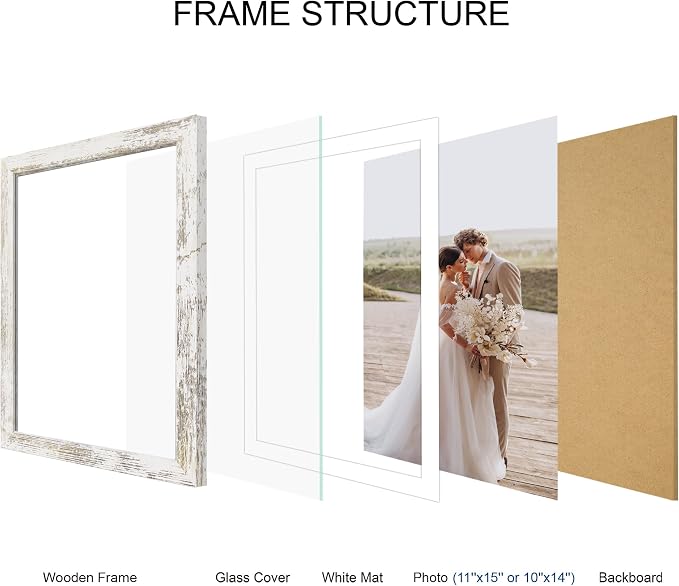 Hongkee 11x15 Picture Frame Set of 4, Made of Real Glass and Distressed White Frame - Display Picture 10x14 with Mat or 11x15 Without Mat, 11 by 15 Photo for Wall Mounting