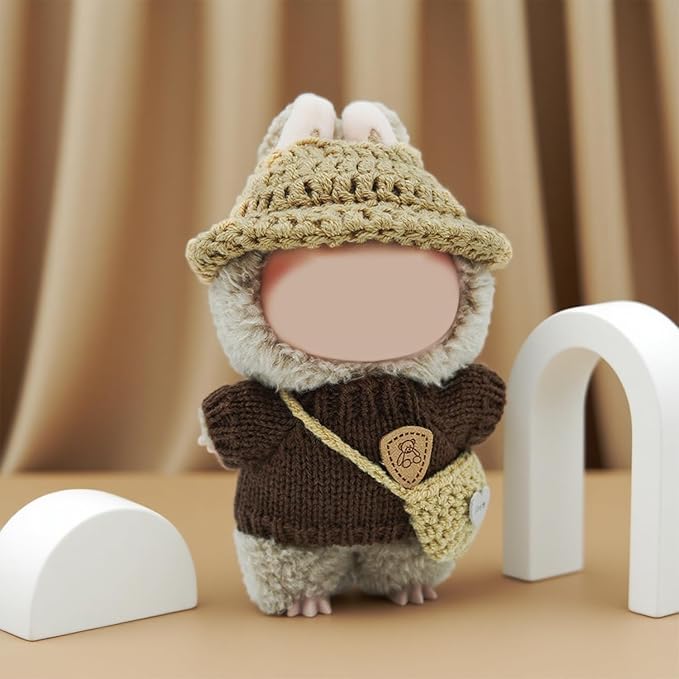 Clothes for Lububu(Not Doll), 3-Piece Brown Plush Doll Outfit Include Hat Sweater Bag, Cute Dolls Outfit Accessories for 6.7in Dolls (Brown)