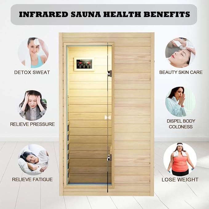 Kanlanth 1 Person Infrared Sauna - Premium European Aspen Wood, 905W Energy Efficient, Low EMF Indoor Sauna, Bluetooth Speakers, Compact Home Spa for Small Spaces, 36.6"x29.3"x63", Left Door