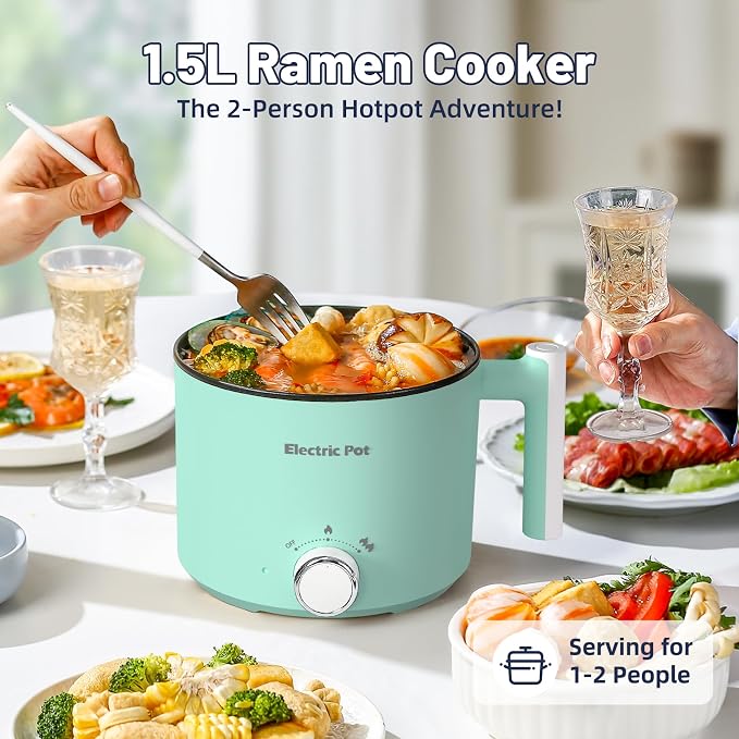 Electric Hot Pot 1.5L Nonstick Ramen Cooker for One-Person | Dual Power Setting for Hot Pot, Pasta/Soup/Oatmeal/Egg, Portable for Dorm/Travel, Overheat & Boil-Dry Protection(Green, 1.5L)