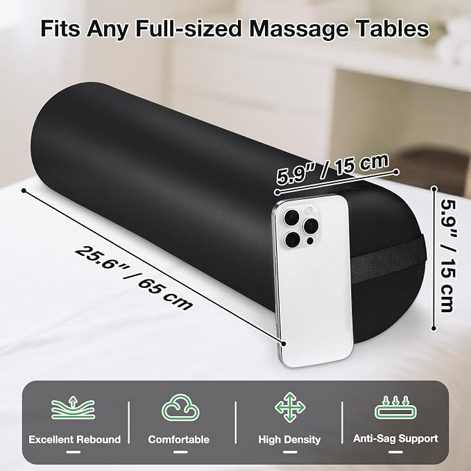 Noverlife Full Round Bolster Pillow for Legs, 26 x 6 inch PU Leather Bolster for Massage Table with Strap Handle Under Knee Pillow, Under Back Ankles Pain Relief Massage Table Bolster for Yoga & Spa