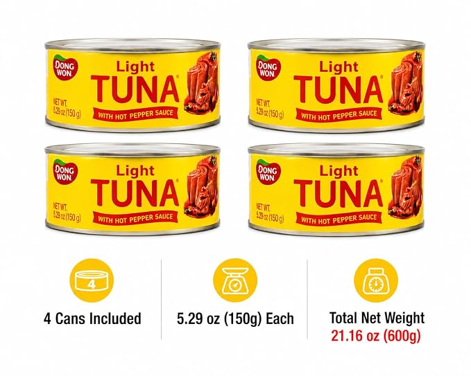 Dongwon Light Tuna with Hot Pepper Sauce, Korean Spicy Canned Tuna, Ready to Eat Tuna in Sauce, 5.29 oz Each, Pack of 4