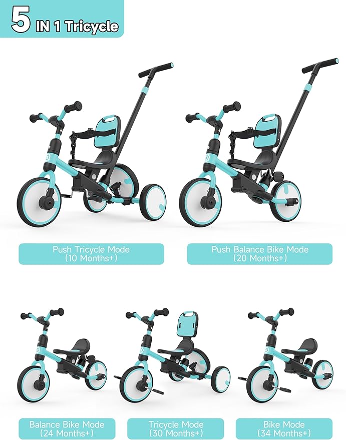 besrey Toddler Bike 1-3 Years Old,Toddler Tricycle with Spare Wheel,5 in 1 Kids Trike with Push Handle,Backrest and Safety Belt,Balance Bike 1+ Year Old,Birthday Gift and Toy for Boys and Girls