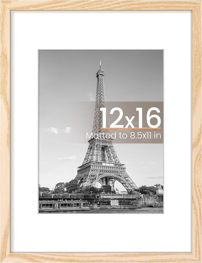 upsimples 12x16 Picture Frame, Display Pictures 8.5x11 with Mat or 12 x 16 Without, Wall Hanging Poster Frames, Natural Style, 1 Pack