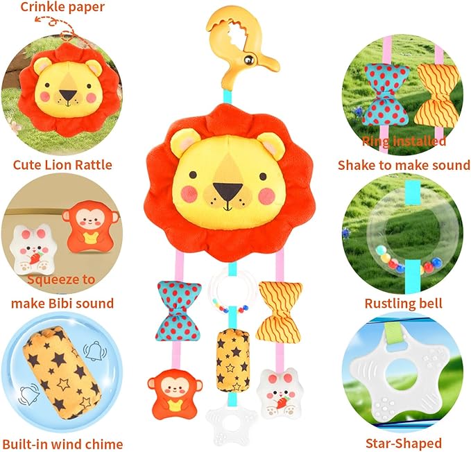 Baby Toys for 0 3 6 9 12 Months, Plush Animal Sensory Hanging Rattle,Newborn Interactive Soft Toys for Baby,Car Seat Stroller Toys Gift for Infant Boy Girl