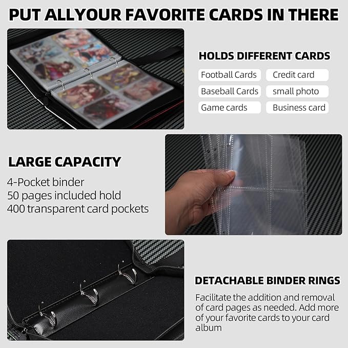 Collectible Trading Card Albums,4 Pocket Card Binder, 400 Double Sided Pocket PU Premium Zip Trading Collection Binderwith 50 Removable Sleeves, Card Folder forTCG, Sports Cards (Pink-01)
