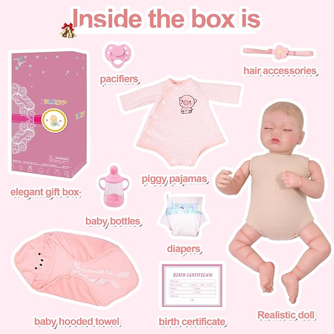 JRLCGYP Lifelike Reborn Girl Baby Sleep Pig Dolls, 18 Inch Realistic Silicone Full Body Newborn Baby Doll, Look Real Girl with Accessories, Weighted Soft Toy Gift for 3+