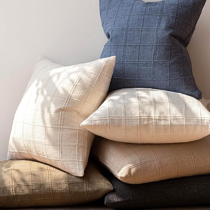 Foindtower Set of 2 Decorative Linen Check Throw Pillow Covers Neutral Farmhouse Vintage Cushion Covers Modern Boho Home Decor for Sofa Chair Couch Bedroom Living Room,16×16 Inch,Natural Beige