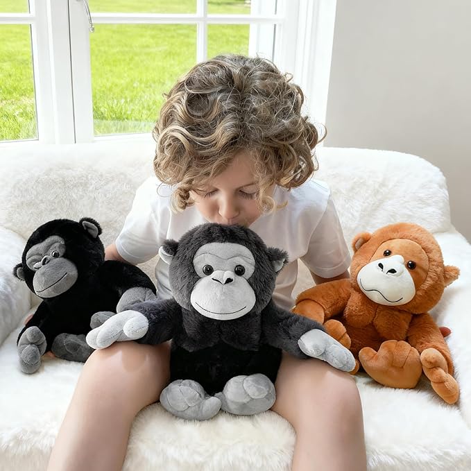 3Pcs Bulk Gorilla Plush, Cute Soft Gorilla Stuffed Animal Set for Kids,11.4" Mini Stuffed Zoo Animal Toy for Birthday, JungleTheme Party Baby Shower Decor(Black,Rufous,Gray)
