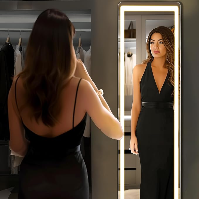 OLIXIS LED Full Length Mirror with Lights, Full Body 16"x60" | Standing Lighted Floor, 3 Color Lighting, Wall Mounted Bedroom Bathroom Entryway, Tempered Glass