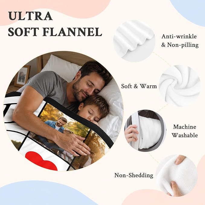 Fathers Day Birthday Gift for Dad Custom Blanket with 6 Photo & Text, Personalized Blankets with Picture to My Dad, HD Printing Customized Flannel Throw Blanket Gifts for Best Daddy Grandpa Ever