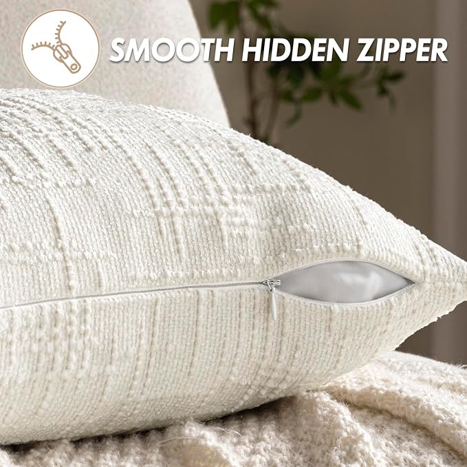MIULEE Chenille Textured Throw Pillow Covers Cream White 18x18 Set of 2 | Slubby Decorative Pillows, Boho Farmhouse Home Decor, Modern Neutral Cushion Covers for Couch Sofa Bed Living Room