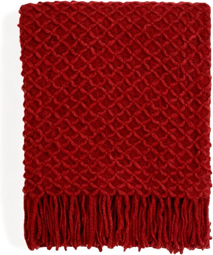 CREVENT Farmhouse Boho Knitted Throw Blanket for Couch Sofa Chair Bed Home Decoration, Soft Warm Cozy Light Weight for Spring Summer Fall (50''X60'' Christmas Red)