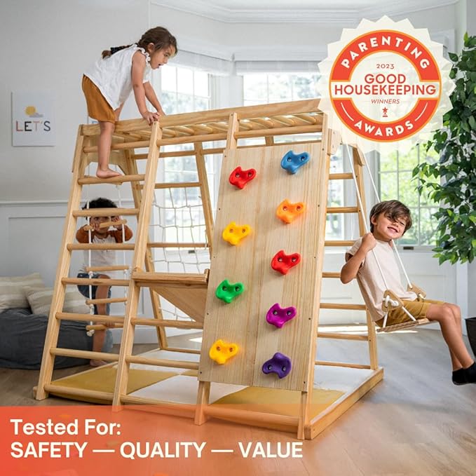 Avenlur Magnolia Indoor Playground 7-in-1 Jungle Gym Playset for Kids 2-6yrs - Slide, Climbing Wall, Rope Wall Climber, Monkey Bars, Swing - Waldorf and Montessori Style Wooden Climb Set.