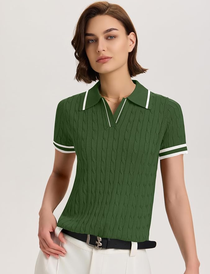 Micoson Womens Short Sleeve Sweater Tops Lapel V Neck Polo Shirts 2026 | Summer Cable Knit Loose Blouses, Business Casual Outfits