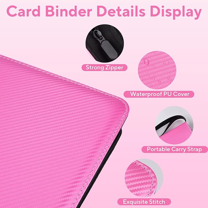 Portable 9-Pocket Trading Card Binder, Holds 1080 Cards with 60 Removable Sleeves Baseball Card Binder, Compact Card Album Organizer for Game & Sports Cards, Pink Color