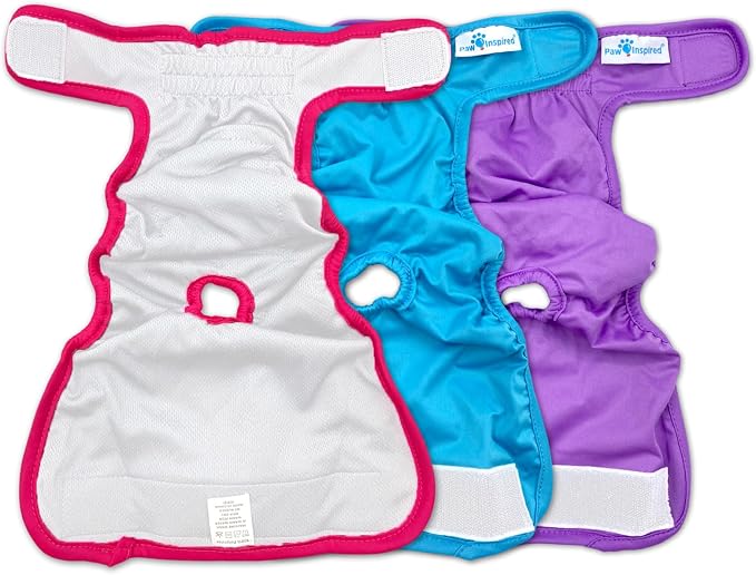 Paw Inspired Reusable Dog Diapers Bundle, Small, 3-Pack with Suspenders | Washable Diapers in Assorted Colors with White Lining Combo Pack with Black Suspenders