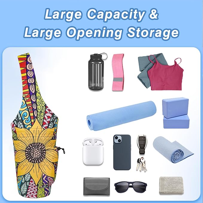 Yoga Mat Bag - Large Opening Long Tote Yoga Mat Carrier Holder Bag with Waterproof Wet Zipper Pocket and Drawstring Water Bottle Pocket - Yoga Bag Fit Most Size Mats