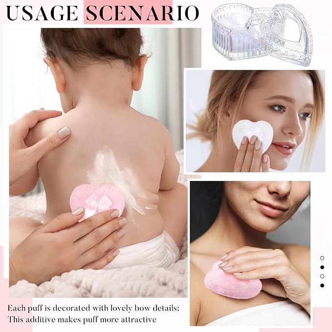 Tioncy 3 Pcs Large Body Powder Puff and Container Valentine's Day gift Powder Container with Puff Crystal Case Soft Washable Reusable Velour Face Body Glitter Wet Dry Makeup(Heart,Glitter)