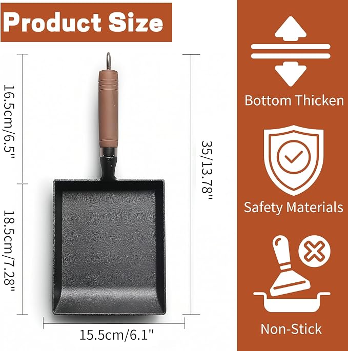 OUKENS Japanese Cast Iron Tamagoyaki Pan Nonstick, Multifunctional Square Japanese Egg Pan, Detachable Wood Handle, Oven Safe, for Omelets, Steak and Camping,6.1 x 7.3 Inch